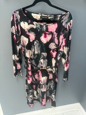 Ivanka Trump Black Floral Print Long Sleeve Belted Dress